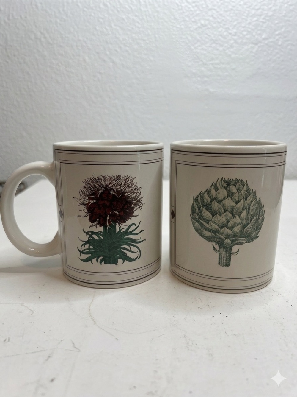 Botanical Ceramic Coffee Mug - Cream with Green & Burgundy Floral Art
